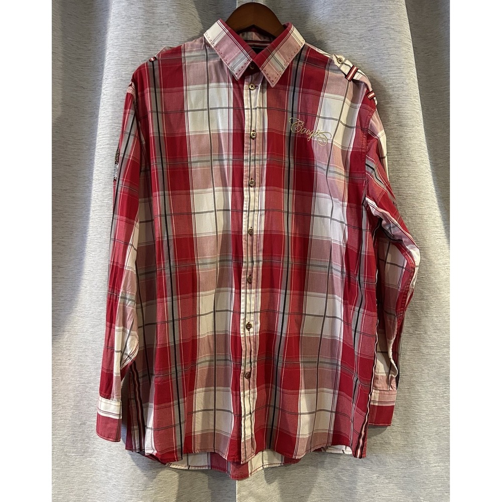 Coogi Red Plaid Embroidered Long Sleeve Button Up Shirt Patches Men's Size XL